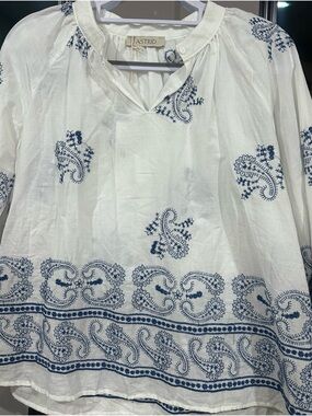 Astrid White Cotton Embroidered Peasant Blouse with Blue Paisley
